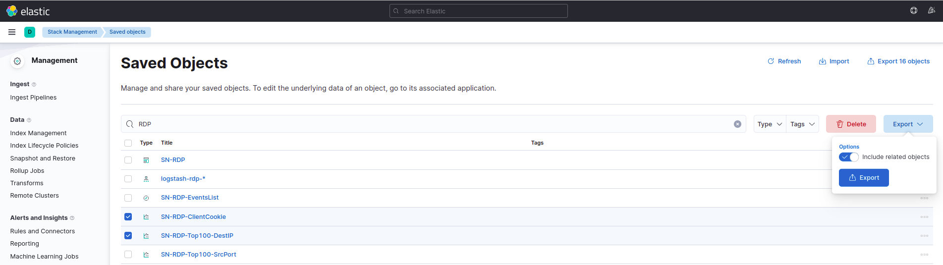 Export Kibana Visualizations and Dashboards Stack Management